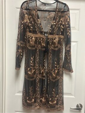 HAUTE MONDE SHEER Mesh Cover-Up Gold Embroidery LS Elegant Small
